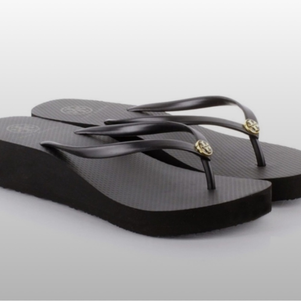 Authentic Tory Burch Logo Black Rubber Wedge Platform Flip flops size 8